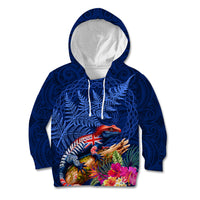 New Zealand Tuatara Kid Hoodie Silver Fern Hibiscus and Tribal Maori Pattern Blue Color LT03 Hoodie Blue - Polynesian Pride