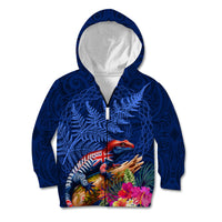 New Zealand Tuatara Kid Hoodie Silver Fern Hibiscus and Tribal Maori Pattern Blue Color LT03 Zip Hoodie Blue - Polynesian Pride