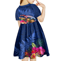 New Zealand Tuatara Kid Short Sleeve Dress Silver Fern Hibiscus and Tribal Maori Pattern Blue Color LT03 - Polynesian Pride