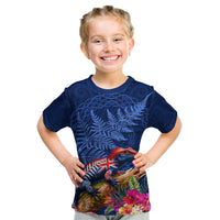 New Zealand Tuatara Kid T Shirt Silver Fern Hibiscus and Tribal Maori Pattern Blue Color LT03 Blue - Polynesian Pride