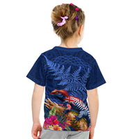 New Zealand Tuatara Kid T Shirt Silver Fern Hibiscus and Tribal Maori Pattern Blue Color LT03 - Polynesian Pride