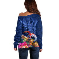 New Zealand Tuatara Off Shoulder Sweater Silver Fern Hibiscus and Tribal Maori Pattern Blue Color LT03 - Polynesian Pride