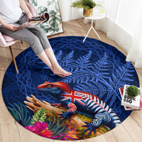 New Zealand Tuatara Round Carpet Silver Fern Hibiscus and Tribal Maori Pattern Blue Color LT03 - Polynesian Pride
