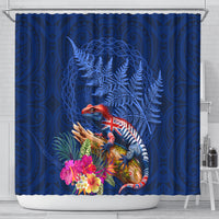 New Zealand Tuatara Shower Curtain Silver Fern Hibiscus and Tribal Maori Pattern Blue Color LT03 - Polynesian Pride