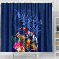 New Zealand Tuatara Shower Curtain Silver Fern Hibiscus and Tribal Maori Pattern Blue Color LT03 - Polynesian Pride