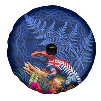 New Zealand Tuatara Spare Tire Cover Silver Fern Hibiscus and Tribal Maori Pattern Blue Color LT03 - Polynesian Pride