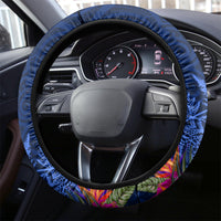 New Zealand Tuatara Steering Wheel Cover Silver Fern Hibiscus and Tribal Maori Pattern Blue Color LT03 - Polynesian Pride
