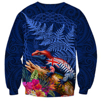 New Zealand Tuatara Sweatshirt Silver Fern Hibiscus and Tribal Maori Pattern Blue Color LT03 - Polynesian Pride