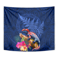New Zealand Tuatara Tapestry Silver Fern Hibiscus and Tribal Maori Pattern Blue Color LT03 - Polynesian Pride