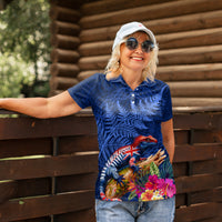 New Zealand Tuatara Women Polo Shirt Silver Fern Hibiscus and Tribal Maori Pattern Blue Color LT03 - Polynesian Pride