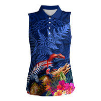 New Zealand Tuatara Women Sleeveless Polo Shirt Silver Fern Hibiscus and Tribal Maori Pattern Blue Color LT03 Female Blue - Polynesian Pride