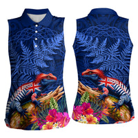 New Zealand Tuatara Women Sleeveless Polo Shirt Silver Fern Hibiscus and Tribal Maori Pattern Blue Color LT03 - Polynesian Pride