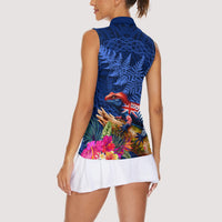 New Zealand Tuatara Women Sleeveless Polo Shirt Silver Fern Hibiscus and Tribal Maori Pattern Blue Color LT03 - Polynesian Pride