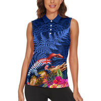 New Zealand Tuatara Women Sleeveless Polo Shirt Silver Fern Hibiscus and Tribal Maori Pattern Blue Color LT03 - Polynesian Pride