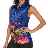 New Zealand Tuatara Women Sleeveless Polo Shirt Silver Fern Hibiscus and Tribal Maori Pattern Blue Color LT03 - Polynesian Pride