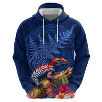 New Zealand Tuatara Zip Hoodie Silver Fern Hibiscus and Tribal Maori Pattern Blue Color LT03 - Polynesian Pride