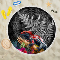 New Zealand Tuatara Beach Blanket Silver Fern Hibiscus and Tribal Maori Pattern Black Color LT03 One Size 150cm Black - Polynesian Pride