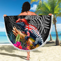 New Zealand Tuatara Beach Blanket Silver Fern Hibiscus and Tribal Maori Pattern Black Color LT03 - Polynesian Pride