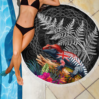 New Zealand Tuatara Beach Blanket Silver Fern Hibiscus and Tribal Maori Pattern Black Color LT03 - Polynesian Pride