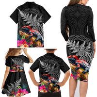 New Zealand Tuatara Family Matching Long Sleeve Bodycon Dress and Hawaiian Shirt Silver Fern Hibiscus and Tribal Maori Pattern Black Color LT03 - Polynesian Pride