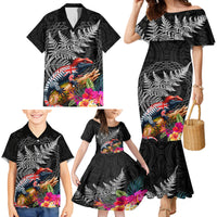 New Zealand Tuatara Family Matching Mermaid Dress and Hawaiian Shirt Silver Fern Hibiscus and Tribal Maori Pattern Black Color LT03 - Polynesian Pride