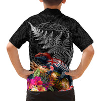 New Zealand Tuatara Family Matching Off The Shoulder Long Sleeve Dress and Hawaiian Shirt Silver Fern Hibiscus and Tribal Maori Pattern Black Color LT03 - Polynesian Pride