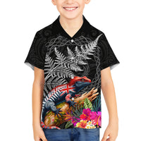 New Zealand Tuatara Family Matching Off The Shoulder Long Sleeve Dress and Hawaiian Shirt Silver Fern Hibiscus and Tribal Maori Pattern Black Color LT03 Son's Shirt Black - Polynesian Pride
