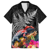 New Zealand Tuatara Family Matching Off Shoulder Maxi Dress and Hawaiian Shirt Silver Fern Hibiscus and Tribal Maori Pattern Black Color LT03 Dad's Shirt - Short Sleeve Black - Polynesian Pride