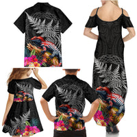 New Zealand Tuatara Family Matching Summer Maxi Dress and Hawaiian Shirt Silver Fern Hibiscus and Tribal Maori Pattern Black Color LT03 - Polynesian Pride