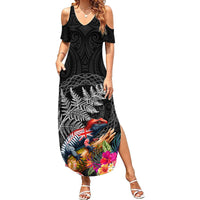 New Zealand Tuatara Family Matching Summer Maxi Dress and Hawaiian Shirt Silver Fern Hibiscus and Tribal Maori Pattern Black Color LT03 Mom's Dress Black - Polynesian Pride