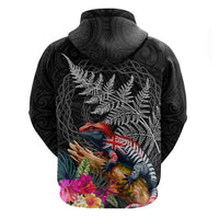 New Zealand Tuatara Hoodie Silver Fern Hibiscus and Tribal Maori Pattern Black Color LT03 - Polynesian Pride