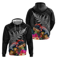 New Zealand Tuatara Hoodie Silver Fern Hibiscus and Tribal Maori Pattern Black Color LT03 - Polynesian Pride