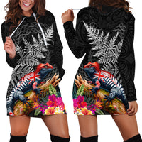New Zealand Tuatara Hoodie Dress Silver Fern Hibiscus and Tribal Maori Pattern Black Color LT03 - Polynesian Pride