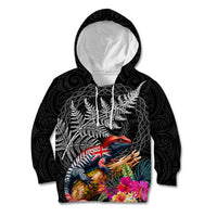 New Zealand Tuatara Kid Hoodie Silver Fern Hibiscus and Tribal Maori Pattern Black Color LT03 Hoodie Black - Polynesian Pride