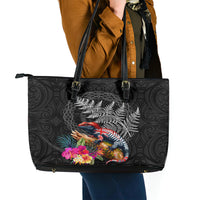 New Zealand Tuatara Leather Tote Bag Silver Fern Hibiscus and Tribal Maori Pattern Black Color LT03 - Polynesian Pride