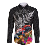 New Zealand Tuatara Long Sleeve Button Shirt Silver Fern Hibiscus and Tribal Maori Pattern Black Color LT03 Unisex Black - Polynesian Pride