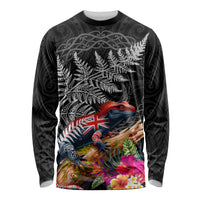 New Zealand Tuatara Long Sleeve Shirt Silver Fern Hibiscus and Tribal Maori Pattern Black Color LT03 Unisex Black - Polynesian Pride