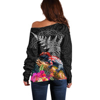 New Zealand Tuatara Off Shoulder Sweater Silver Fern Hibiscus and Tribal Maori Pattern Black Color LT03 - Polynesian Pride