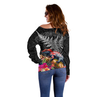 New Zealand Tuatara Off Shoulder Sweater Silver Fern Hibiscus and Tribal Maori Pattern Black Color LT03 - Polynesian Pride