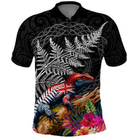 New Zealand Tuatara Polo Shirt Silver Fern Hibiscus and Tribal Maori Pattern Black Color LT03 Black - Polynesian Pride