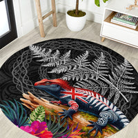 New Zealand Tuatara Round Carpet Silver Fern Hibiscus and Tribal Maori Pattern Black Color LT03 Black - Polynesian Pride