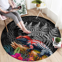 New Zealand Tuatara Round Carpet Silver Fern Hibiscus and Tribal Maori Pattern Black Color LT03 - Polynesian Pride