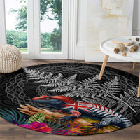 New Zealand Tuatara Round Carpet Silver Fern Hibiscus and Tribal Maori Pattern Black Color LT03 - Polynesian Pride
