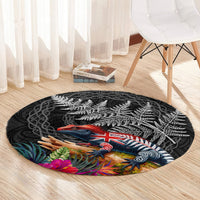 New Zealand Tuatara Round Carpet Silver Fern Hibiscus and Tribal Maori Pattern Black Color LT03 - Polynesian Pride