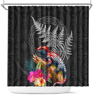 New Zealand Tuatara Shower Curtain Silver Fern Hibiscus and Tribal Maori Pattern Black Color LT03 Black - Polynesian Pride