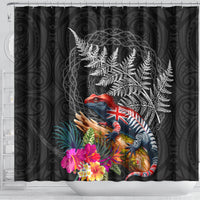 New Zealand Tuatara Shower Curtain Silver Fern Hibiscus and Tribal Maori Pattern Black Color LT03 - Polynesian Pride