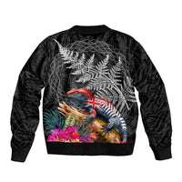 New Zealand Tuatara Sleeve Zip Bomber Jacket Silver Fern Hibiscus and Tribal Maori Pattern Black Color LT03 - Polynesian Pride