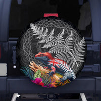 New Zealand Tuatara Spare Tire Cover Silver Fern Hibiscus and Tribal Maori Pattern Black Color LT03 - Polynesian Pride