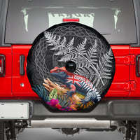 New Zealand Tuatara Spare Tire Cover Silver Fern Hibiscus and Tribal Maori Pattern Black Color LT03 - Polynesian Pride