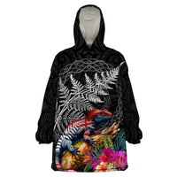 New Zealand Tuatara Wearable Blanket Hoodie Silver Fern Hibiscus and Tribal Maori Pattern Black Color LT03 One Size Black - Polynesian Pride